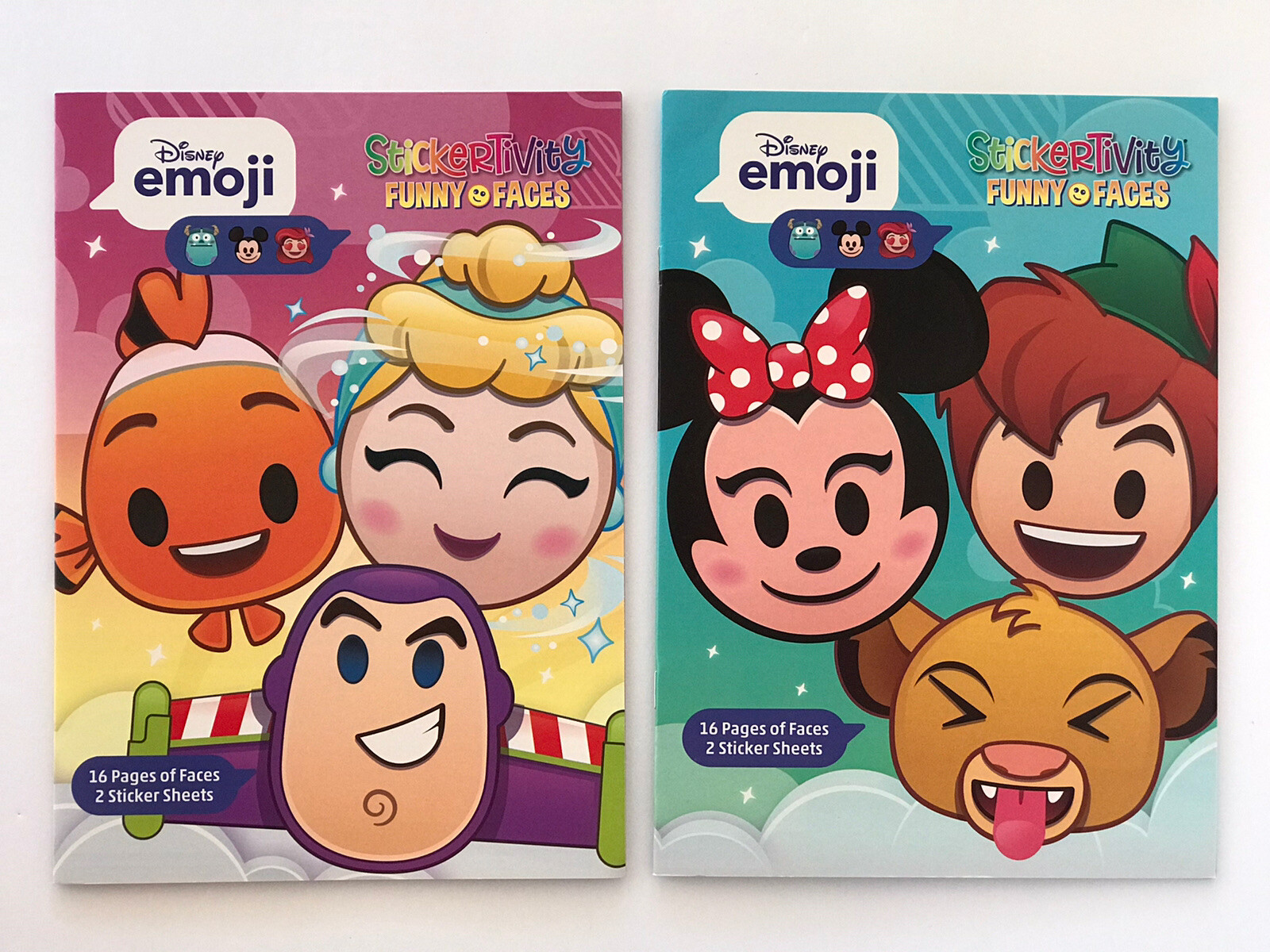 2 Disney Emoji Stickertivity Funny Faces Books 16 pages of Faces, Sticker Sheets