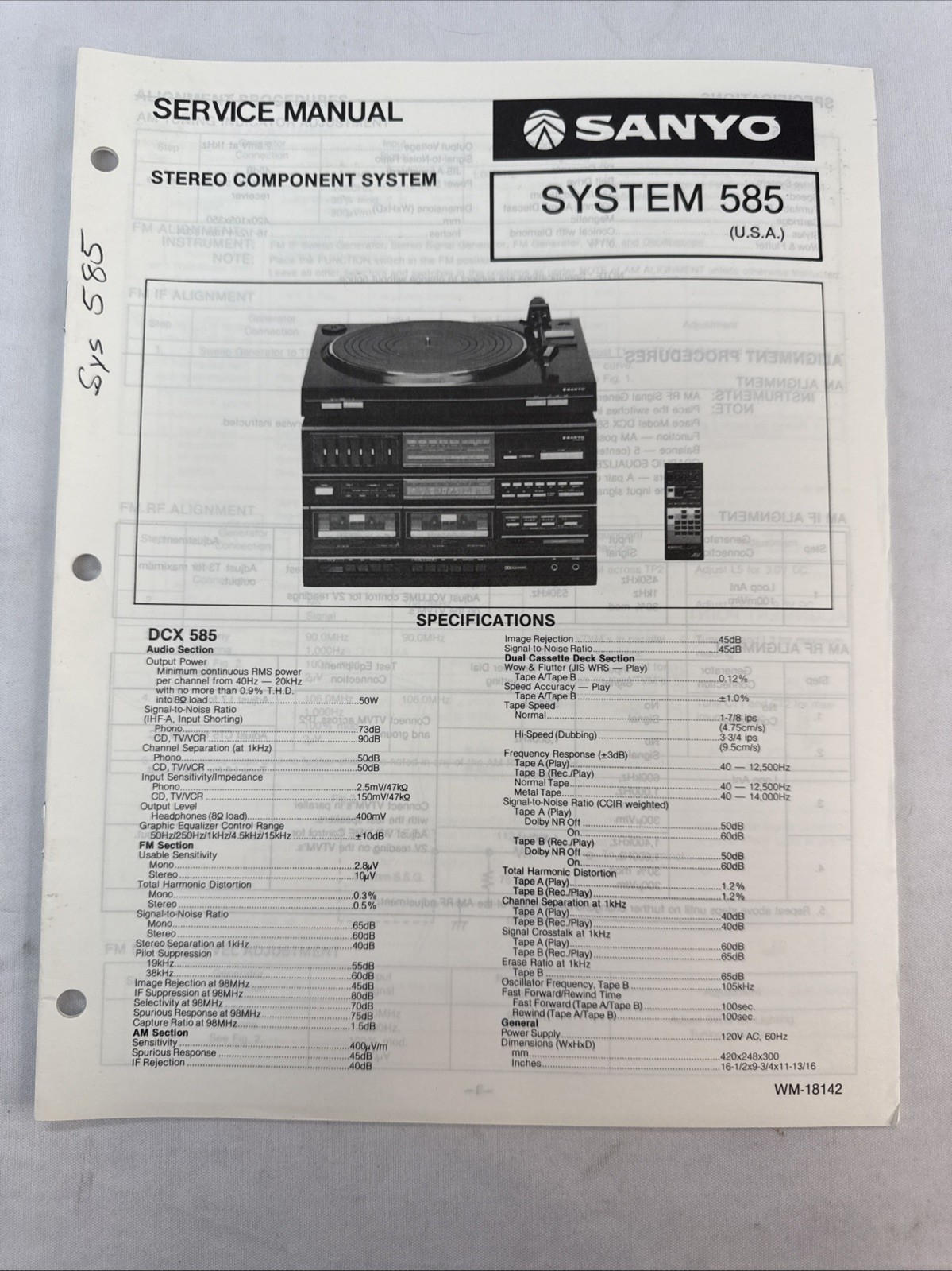 Vintage Sanyo Service Manual Model Number SYSTEM 585