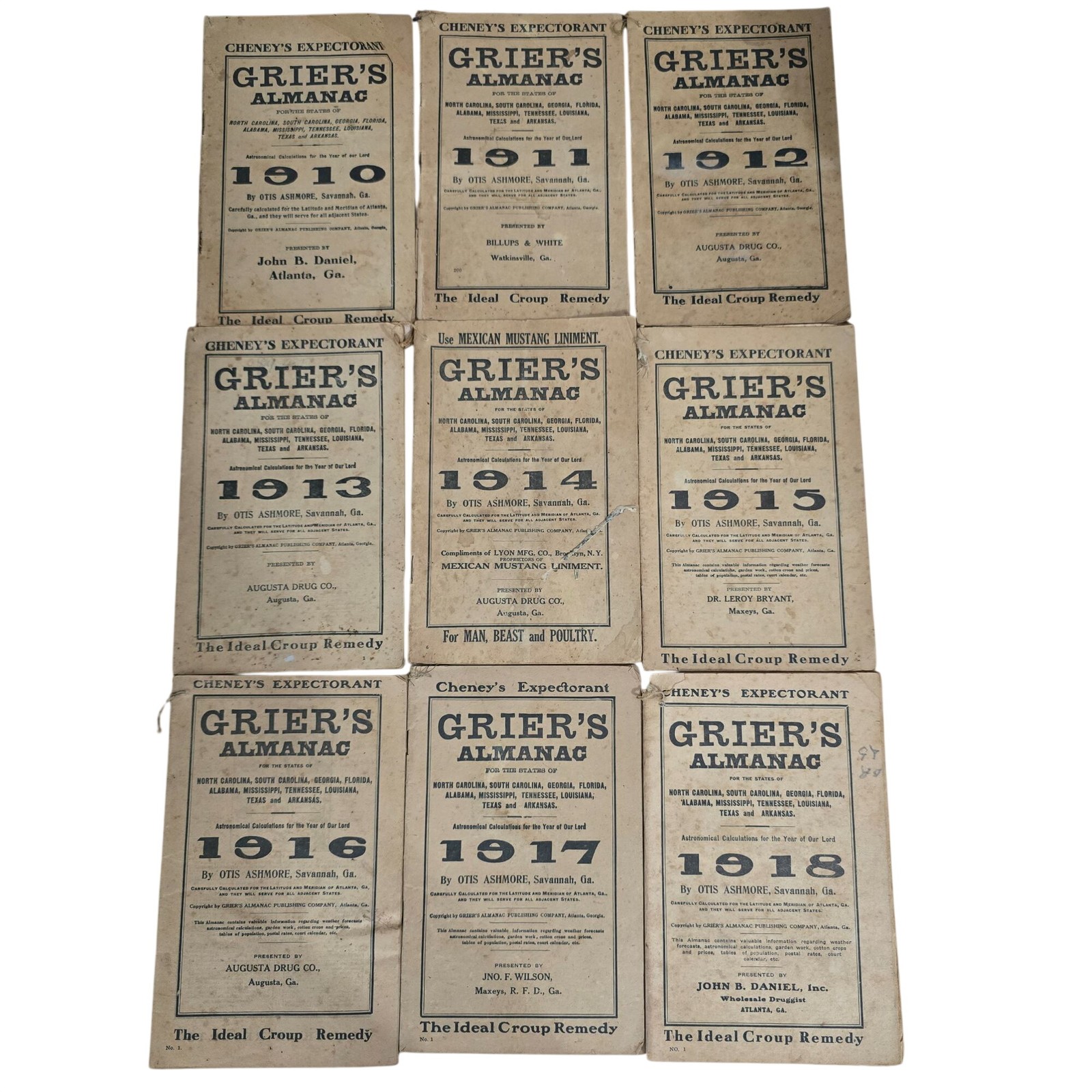 Vintage Grier’s Almanac Lot 1910-1918 WWI Era Southern Advertising Ephemera