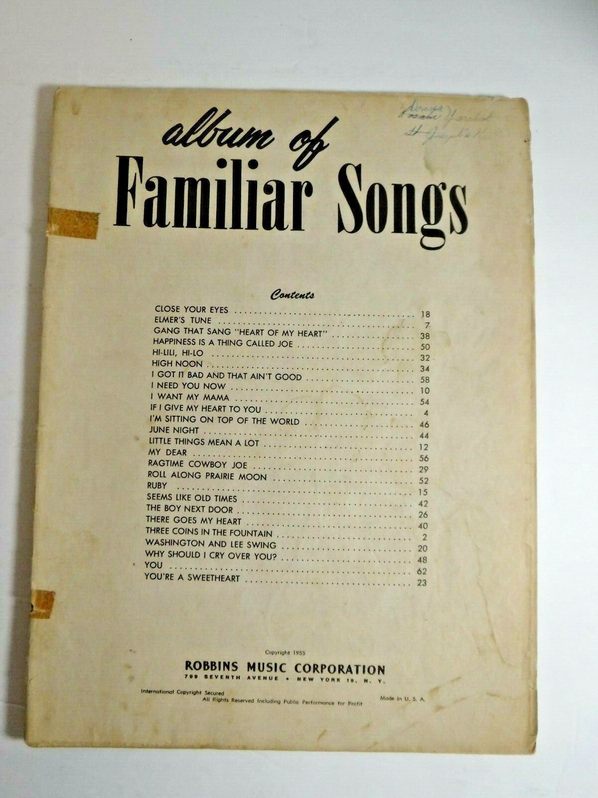 Album of Familiar Songs Robbins Music Corporation New York ©1955
