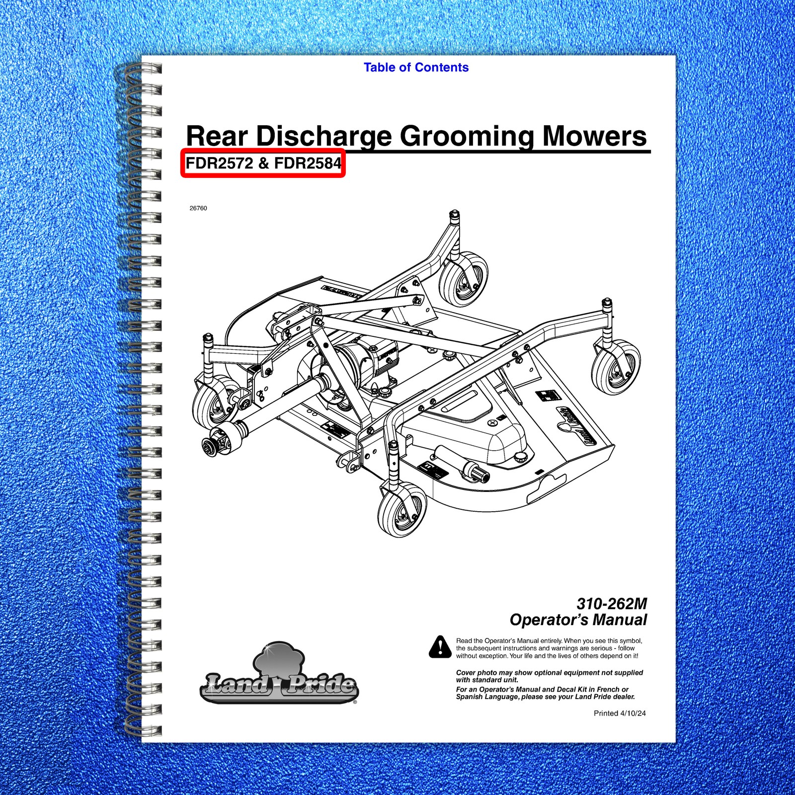 LAND PRIDE FDR2572 FDR2584 Grooming Mowers Operators Manual 2024 – WIRE BOUND