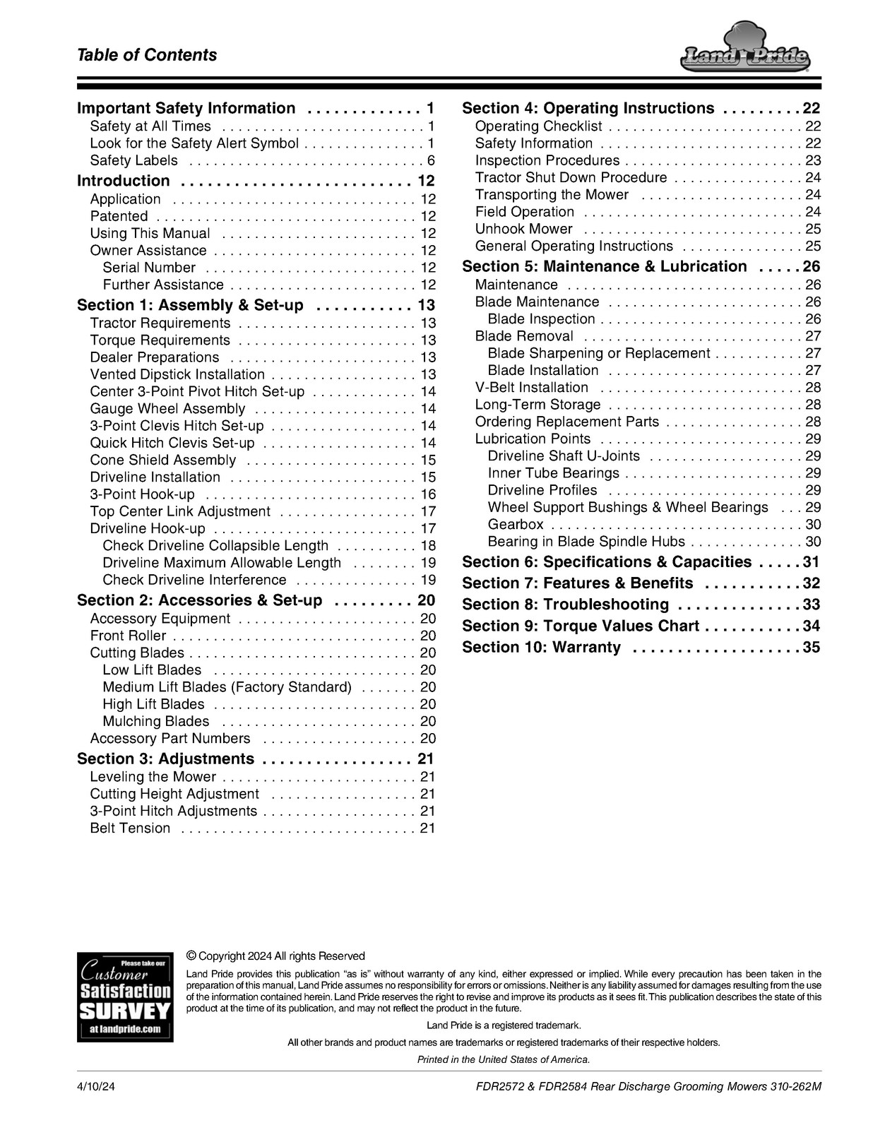 LAND PRIDE FDR2572 FDR2584 Grooming Mowers Operators Manual 2024 – WIRE BOUND