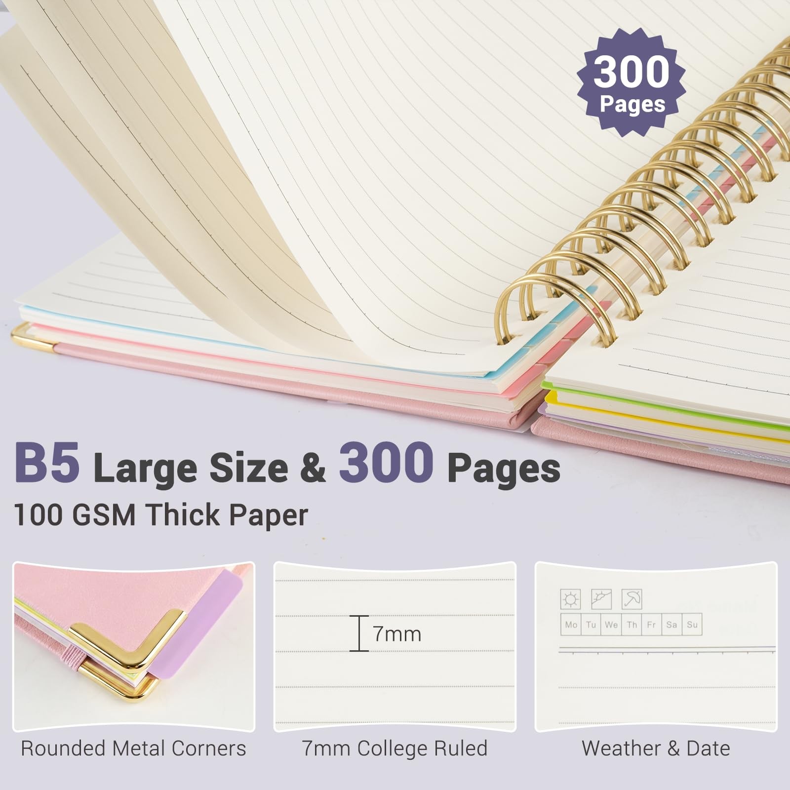 Hardcover Spiral Journal Notebook, 300 Pages 5 Subject Notebook College Ruled…