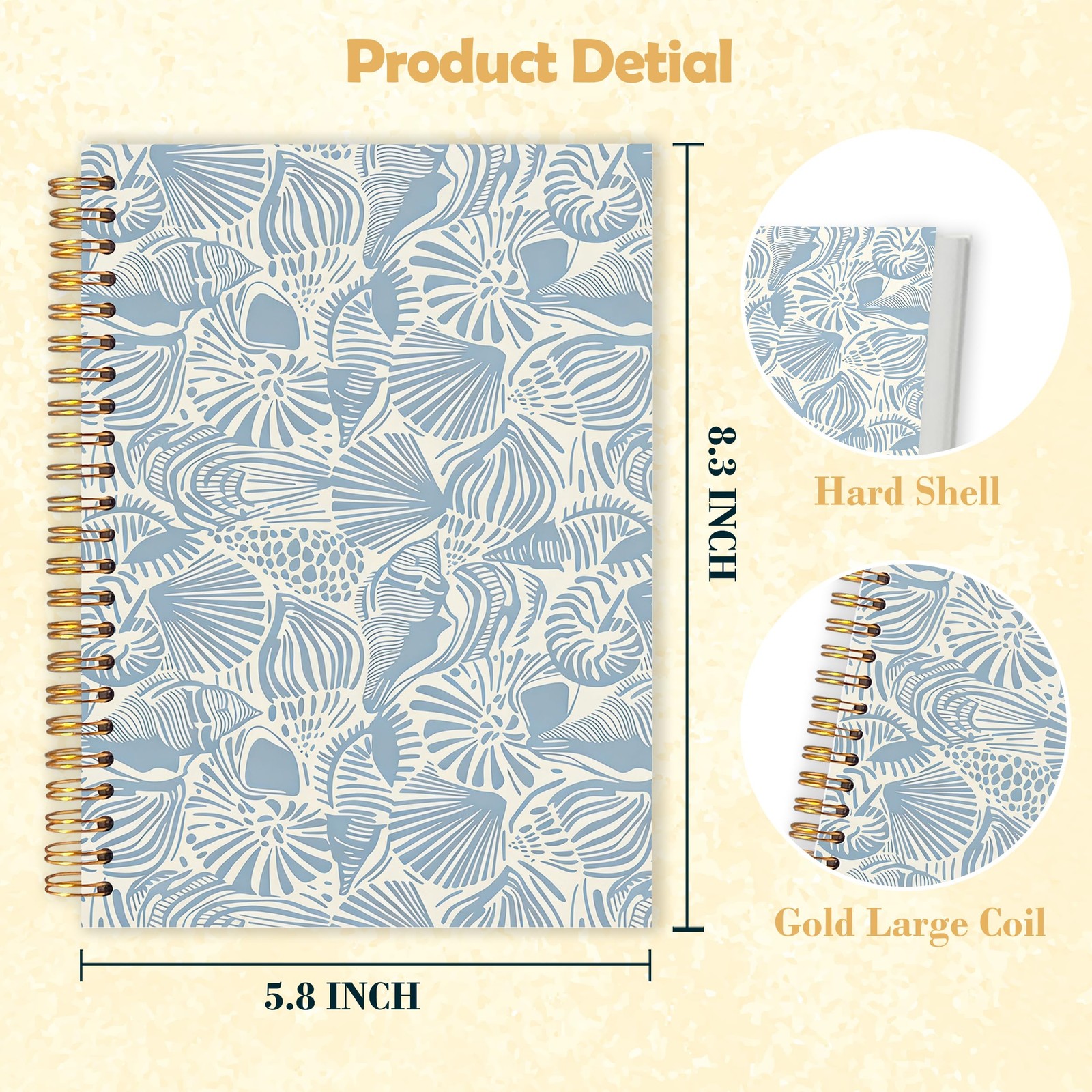 Light Blue Seashell Beach Spiral Notebook 5.5×8.3 in, Preppy Beach Coastal Oc…